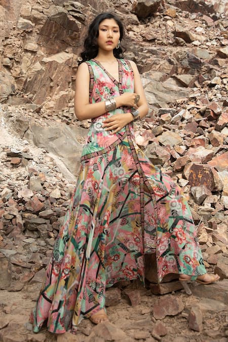 Bhanuni By Jyoti_Green Viscose Abstract Print V Neck Maxi Dress _Online_at_Aza_Fashions