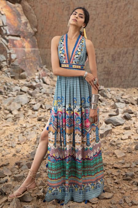 Bhanuni By Jyoti_Blue Viscose Floral, Geometric V Neck Tile Florid Printed Maxi Dress _Online_at_Aza_Fashions