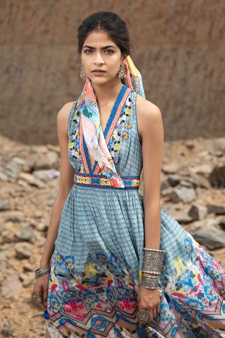 Buy_Bhanuni By Jyoti_Blue Viscose Floral, Geometric V Neck Tile Florid Printed Maxi Dress _Online_at_Aza_Fashions
