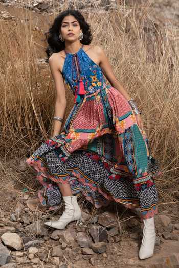 Bhanuni By Jyoti_Blue Viscose Abstract Print, Bead , Thread Tile Florid Asymmetric Dress _Online_at_Aza_Fashions