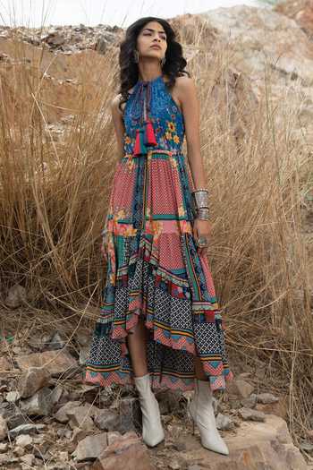 Buy_Bhanuni By Jyoti_Blue Viscose Abstract Print, Bead , Thread Tile Florid Asymmetric Dress _Online_at_Aza_Fashions