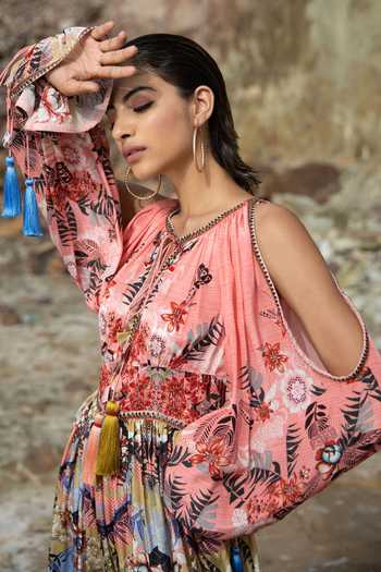 Buy_Bhanuni By Jyoti_Pink Viscose Floral Print Tie-up Neck Blooming Maxi Dress _Online_at_Aza_Fashions
