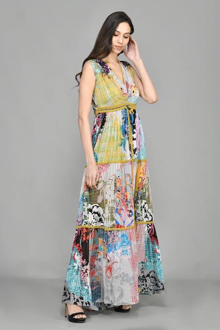Bhanuni By Jyoti_Grey Viscose Floral Print, Lace Work V Neck Maxi Dress _Online_at_Aza_Fashions