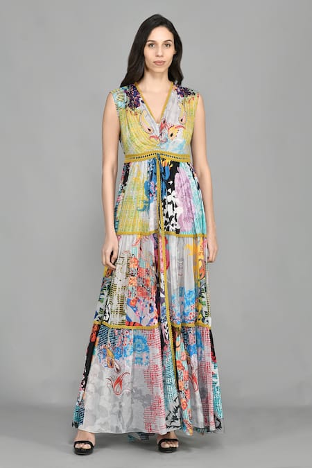 Buy_Bhanuni By Jyoti_Grey Viscose Floral Print, Lace Work V Neck Maxi Dress _Online_at_Aza_Fashions