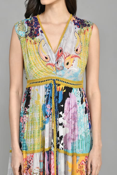 Shop_Bhanuni By Jyoti_Grey Viscose Floral Print, Lace Work V Neck Maxi Dress _Online_at_Aza_Fashions