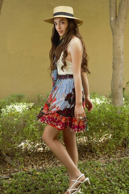 Buy_Bhanuni By Jyoti_Blue Viscose Floral Print, Thread Work Sea Skirt _Online_at_Aza_Fashions