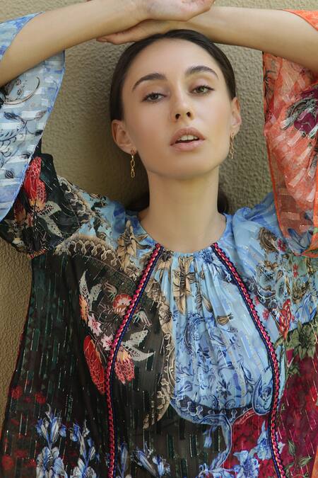 Buy_Bhanuni By Jyoti_Blue Viscose Floral Print, Thread Work Round Sea Tent Top _Online_at_Aza_Fashions