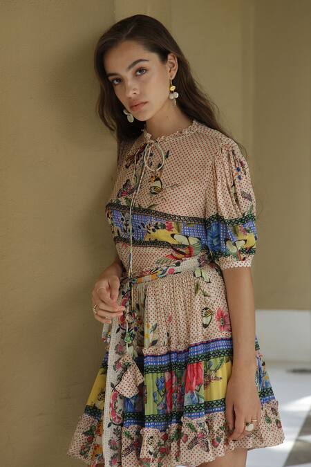 Bhanuni By Jyoti_White Viscose Floral Print, Polka Dot Ruffled Neck Tropical Tiles Dress _Online_at_Aza_Fashions