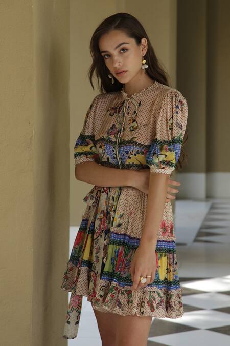 Buy_Bhanuni By Jyoti_White Viscose Floral Print, Polka Dot Ruffled Neck Tropical Tiles Dress _Online_at_Aza_Fashions