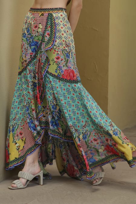 Bhanuni By Jyoti_Blue Viscose Embroidered Bead Work Oceania Printed Skirt _Online_at_Aza_Fashions