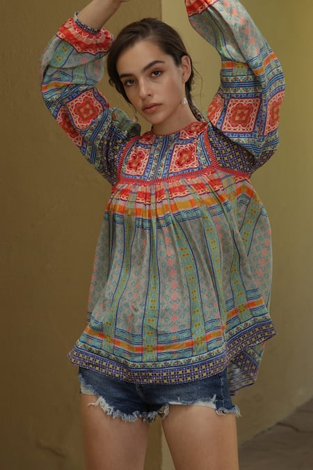 Buy_Bhanuni By Jyoti_Blue Viscose Floral Print High Neck Cerulean Top _Online_at_Aza_Fashions