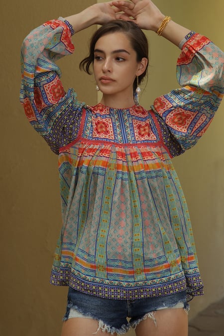 Shop_Bhanuni By Jyoti_Blue Viscose Floral Print High Neck Cerulean Top _Online_at_Aza_Fashions