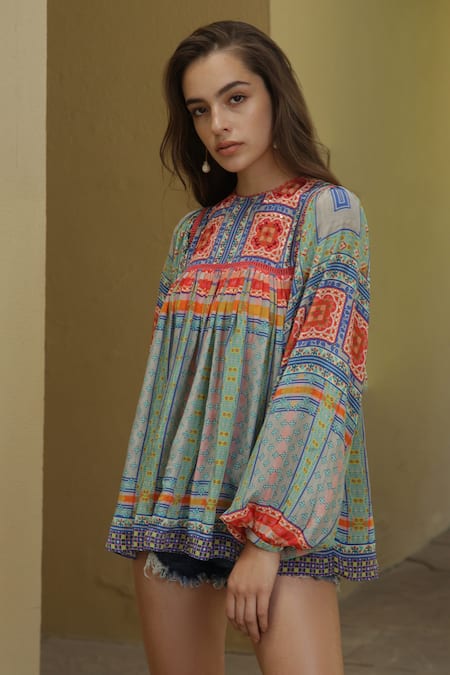 Bhanuni By Jyoti_Blue Viscose Floral Print High Neck Cerulean Top _at_Aza_Fashions