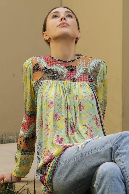Shop_Bhanuni By Jyoti_Yellow Viscose Floral Print, Thread Work High Neck Gardenia Tent Top _at_Aza_Fashions