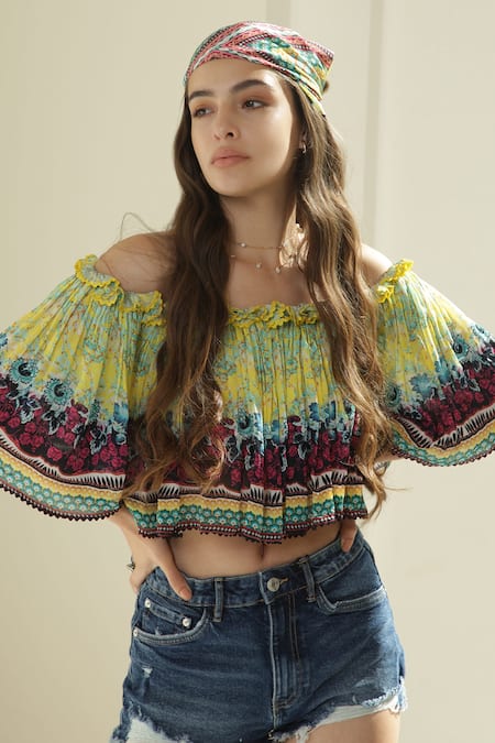 Bhanuni By Jyoti_Yellow Viscose Floral Print One Shoulder Gardenia Off Crop Top _Online_at_Aza_Fashions