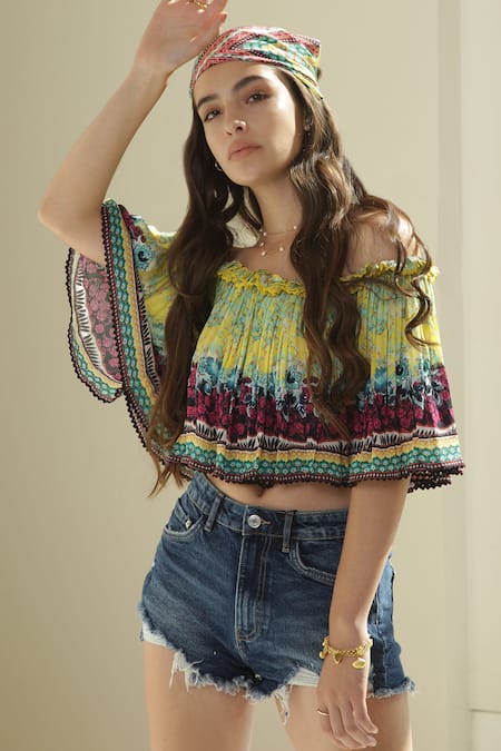 Buy_Bhanuni By Jyoti_Yellow Viscose Floral Print One Shoulder Gardenia Off Crop Top _Online_at_Aza_Fashions