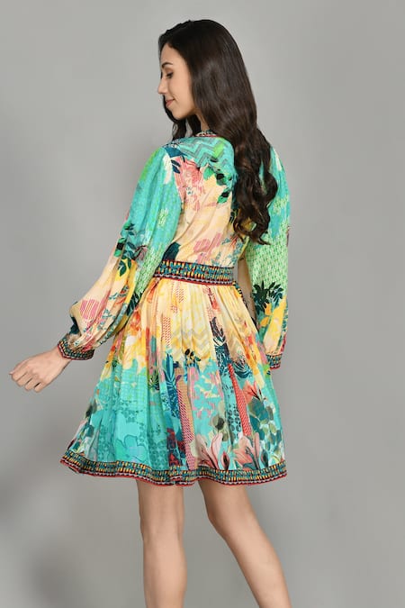 Shop Bhanuni By Jyoti White Viscose Abstract Print, Bead , Thread V Neck Wrap Dress at Aza Fashions Shop_Bhanuni By Jyoti_White Viscose Abstract Print, Bead , Thread V Neck Wrap Dress _at_Aza_Fashions