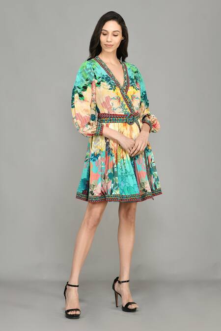 Bhanuni By Jyoti White Viscose Abstract Print, Bead , Thread V Neck Wrap Dress Online at Aza Fashions Bhanuni By Jyoti_White Viscose Abstract Print, Bead , Thread V Neck Wrap Dress _Online_at_Aza_Fashions