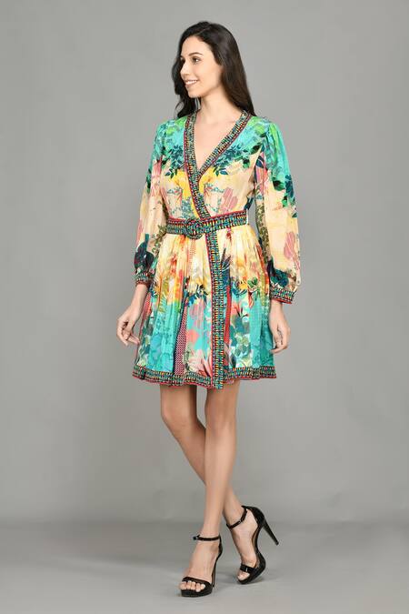 Buy Bhanuni By Jyoti White Viscose Abstract Print, Bead , Thread V Neck Wrap Dress Online at Aza Fashions Buy_Bhanuni By Jyoti_White Viscose Abstract Print, Bead , Thread V Neck Wrap Dress _Online_at_Aza_Fashions