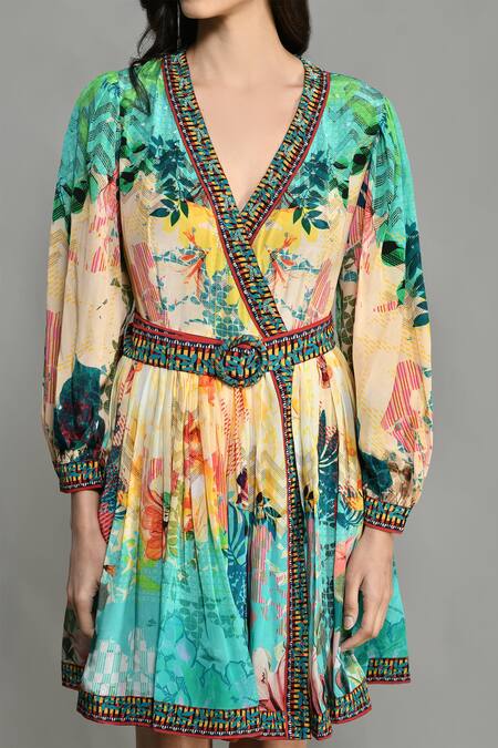 Shop Bhanuni By Jyoti White Viscose Abstract Print, Bead , Thread V Neck Wrap Dress Online at Aza Fashions Shop_Bhanuni By Jyoti_White Viscose Abstract Print, Bead , Thread V Neck Wrap Dress _Online_at_Aza_Fashions