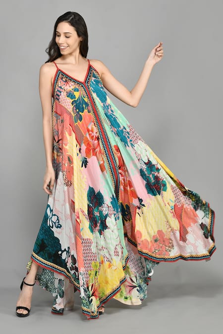 Bhanuni By Jyoti_Red Viscose Abstract Print, Bead , Thread V Neck Handkerchief Dress _Online_at_Aza_Fashions