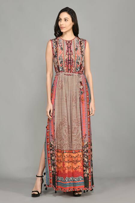 Buy_Bhanuni By Jyoti_Brown Viscose Abstract Print High Neck Nordic Side Slit Dress _Online_at_Aza_Fashions