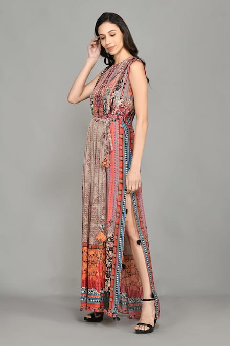 Shop_Bhanuni By Jyoti_Brown Viscose Abstract Print High Neck Nordic Side Slit Dress _Online_at_Aza_Fashions