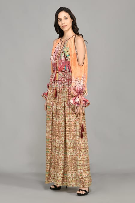 Bhanuni By Jyoti_Orange Viscose Bead , Floral Print, Thread Mural Cold Shoulder Dress _Online_at_Aza_Fashions