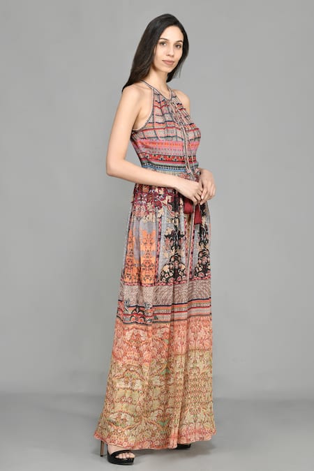 Bhanuni By Jyoti_Brown Viscose Abstract Print, Bead Work V Neck Front Open Dress _Online_at_Aza_Fashions