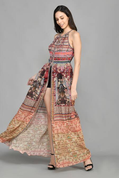 Buy_Bhanuni By Jyoti_Brown Viscose Abstract Print, Bead Work V Neck Front Open Dress _Online_at_Aza_Fashions
