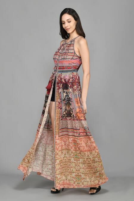 Shop_Bhanuni By Jyoti_Brown Viscose Abstract Print, Bead Work V Neck Front Open Dress _Online_at_Aza_Fashions