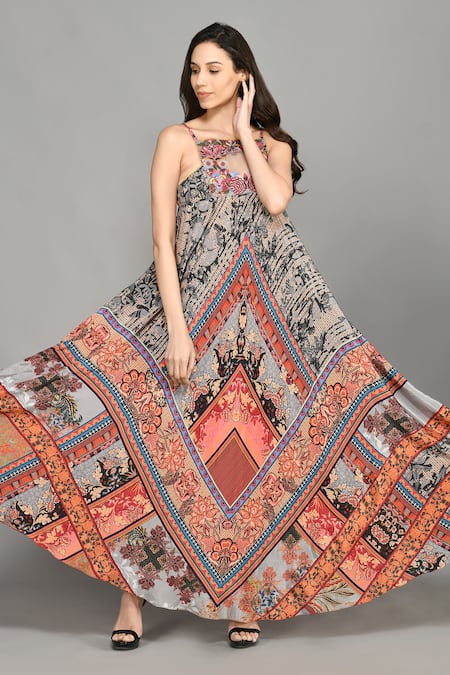 Bhanuni By Jyoti_Brown Viscose Abstract Print, Bead , Thread High Nordic Maxi Dress _Online_at_Aza_Fashions