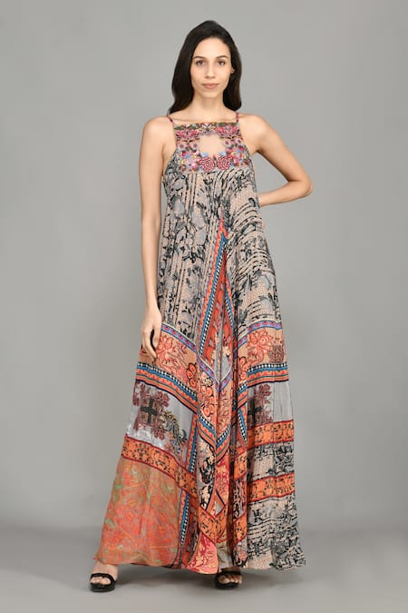 Buy_Bhanuni By Jyoti_Brown Viscose Abstract Print, Bead , Thread High Nordic Maxi Dress _Online_at_Aza_Fashions