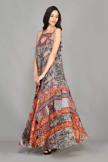Shop_Bhanuni By Jyoti_Brown Viscose Abstract Print, Bead , Thread High Nordic Maxi Dress _Online_at_Aza_Fashions
