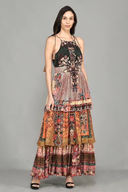 Bhanuni By Jyoti Green Viscose Abstract Print, Sequin , Thread Square Nordic Maxi Dress Online at Aza Fashions Bhanuni By Jyoti_Green Viscose Abstract Print, Sequin , Thread Square Nordic Maxi Dress _Online_at_Aza_Fashions