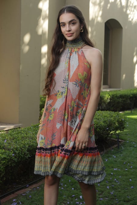 Bhanuni By Jyoti Brown Viscose Floral Halter Neck Sundown Printed Dress Online at Aza Fashions Bhanuni By Jyoti_Brown Viscose Floral Halter Neck Sundown Printed Dress _Online_at_Aza_Fashions
