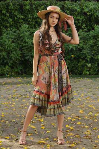 Bhanuni By Jyoti Brown Viscose Floral V Neck Sundown Printed Layered Dress Online at Aza Fashions Bhanuni By Jyoti_Brown Viscose Floral V Neck Sundown Printed Layered Dress _Online_at_Aza_Fashions