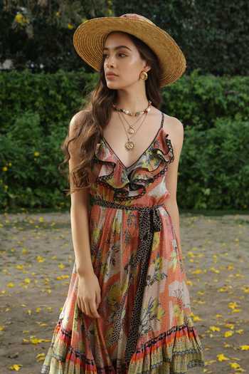 Buy Bhanuni By Jyoti Brown Viscose Floral V Neck Sundown Printed Layered Dress Online at Aza Fashions Buy_Bhanuni By Jyoti_Brown Viscose Floral V Neck Sundown Printed Layered Dress _Online_at_Aza_Fashions