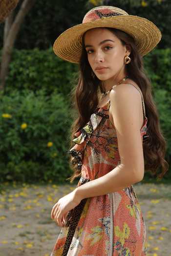 Bhanuni By Jyoti Brown Viscose Floral V Neck Sundown Printed Layered Dress at Aza Fashions Bhanuni By Jyoti_Brown Viscose Floral V Neck Sundown Printed Layered Dress _at_Aza_Fashions
