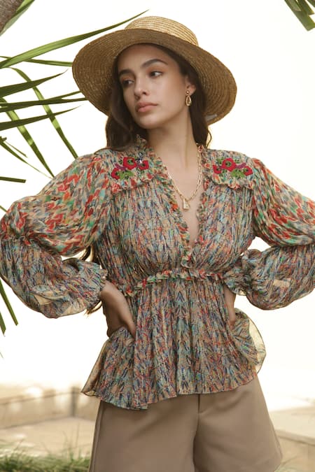 Bhanuni By Jyoti Sylvan Floral Print Pleated Top 