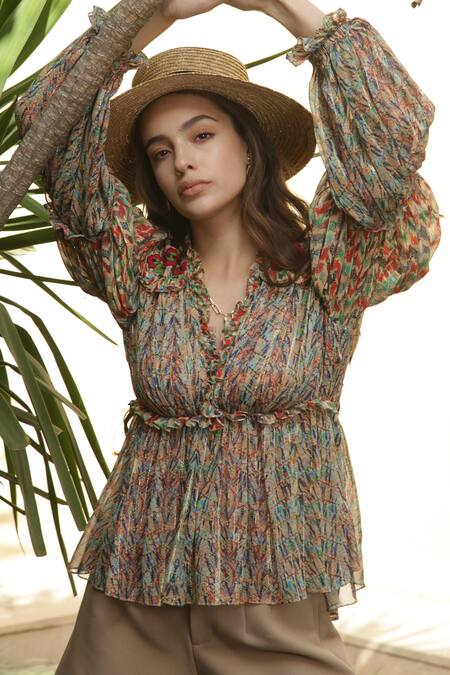 Bhanuni By Jyoti_Brown Chiffon Floral Deep V Neck Sylvan Print Pleated Top _Online_at_Aza_Fashions