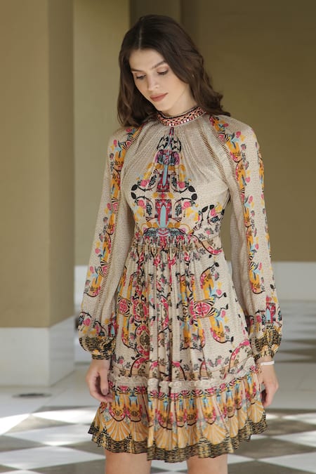 Bhanuni By Jyoti Beige Viscose Floral Print, Thread Work High Neck Willow Dress Online at Aza Fashions Bhanuni By Jyoti_Beige Viscose Floral Print, Thread Work High Neck Willow Dress _Online_at_Aza_Fashions