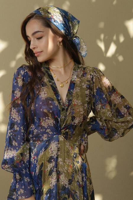 Buy_Bhanuni By Jyoti_Green Viscose Floral V Neck Paradise Forest Print Dress _Online_at_Aza_Fashions