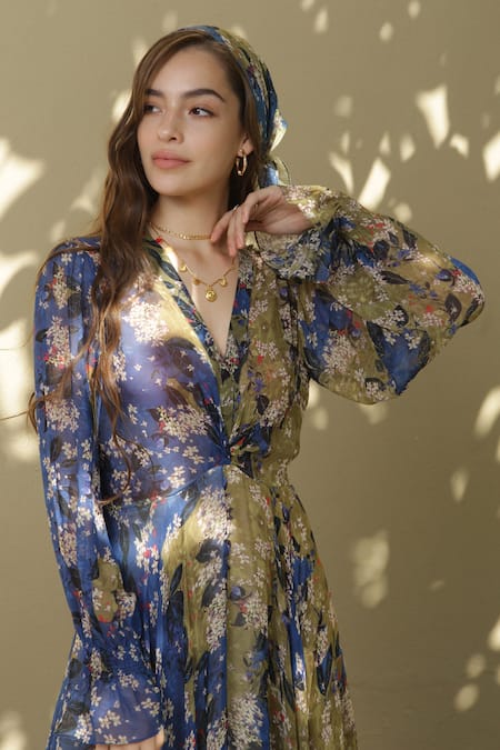 Shop_Bhanuni By Jyoti_Green Viscose Floral V Neck Paradise Forest Print Dress _Online_at_Aza_Fashions