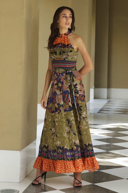 Bhanuni By Jyoti_Green Georgette Floral Halter Neck Paradise Forest Printed Maxi Dress _Online_at_Aza_Fashions