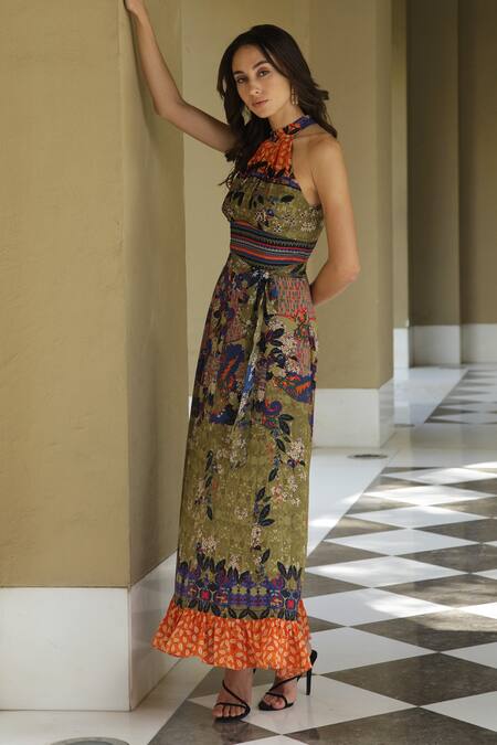 Buy_Bhanuni By Jyoti_Green Georgette Floral Halter Neck Paradise Forest Printed Maxi Dress _Online_at_Aza_Fashions