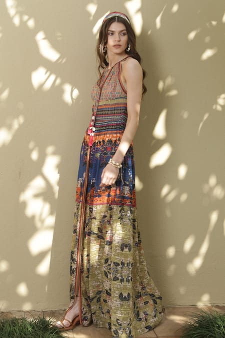 Bhanuni By Jyoti_Green Viscose Floral, Geometric Notched Paradise Forest Front Slit Printed Dress _Online_at_Aza_Fashions