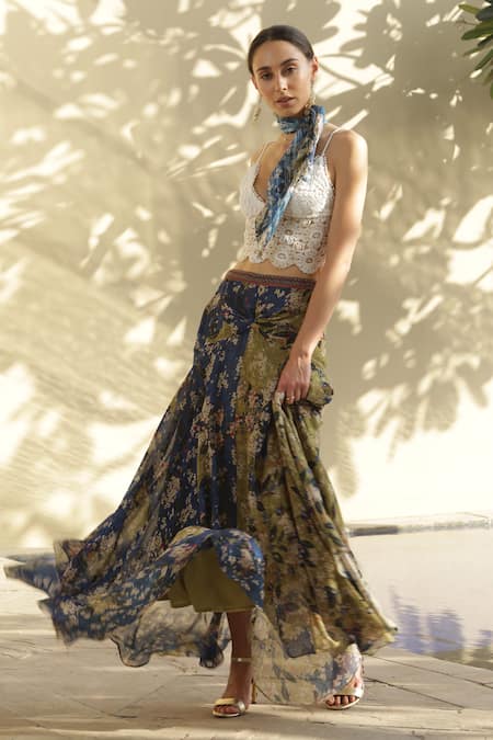 Bhanuni By Jyoti_Green Viscose Floral Paradise Forest Printed Skirt _Online_at_Aza_Fashions