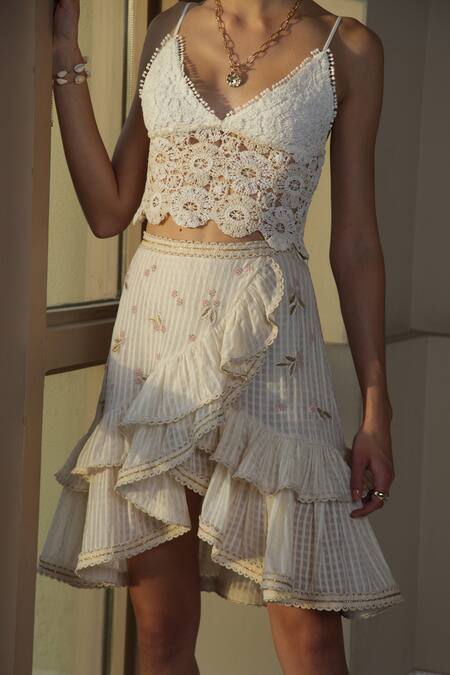 Buy_Bhanuni By Jyoti_White Viscose Bead , Thread Purity Pearl Embroidered Skirt _Online_at_Aza_Fashions