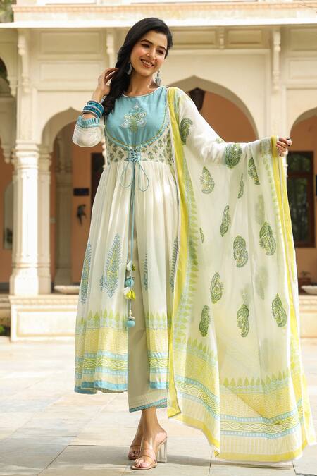 Bairaas_Blue Mulmul Hand Block Print Anarkali Set_Online_at_Aza_Fashions